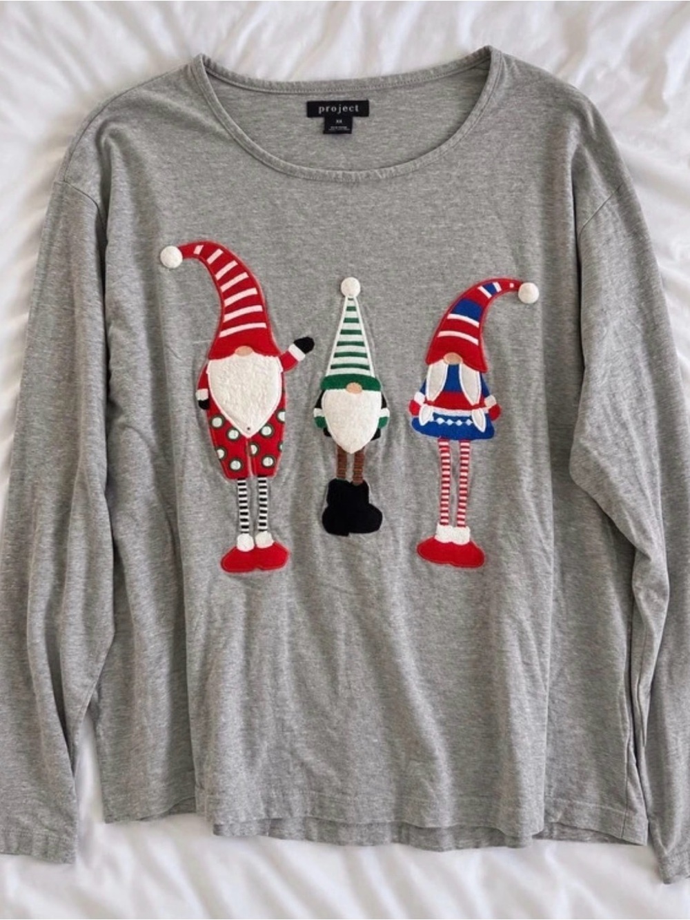 Gray Long-Sleeve with Red, Green & Blue Gnomes Christmas Shirt